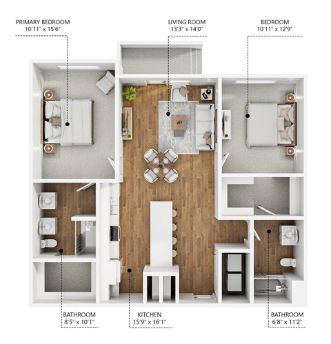 Floor plan for 2 beds, 2 baths, 1130 sqft